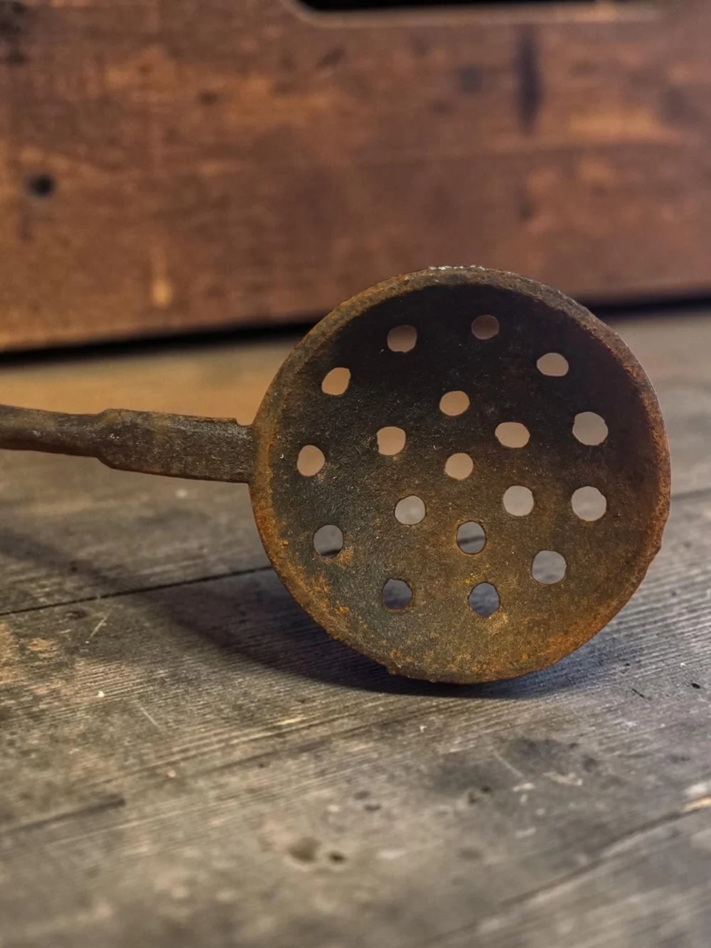 Vintage Cast Iron Skimmer Spoon - 70s Primitive Farmhouse Decor